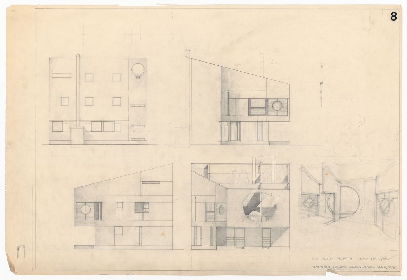 Exterior elevations and perspective view for Casa Rizzetto, Caorle, Italy