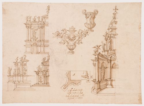 Partial plan, elevation, perspective for a reliquary
