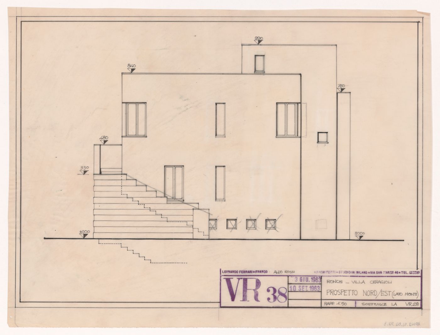 North-east elevation for Villa Ceragioli, Ronchi, Versilia