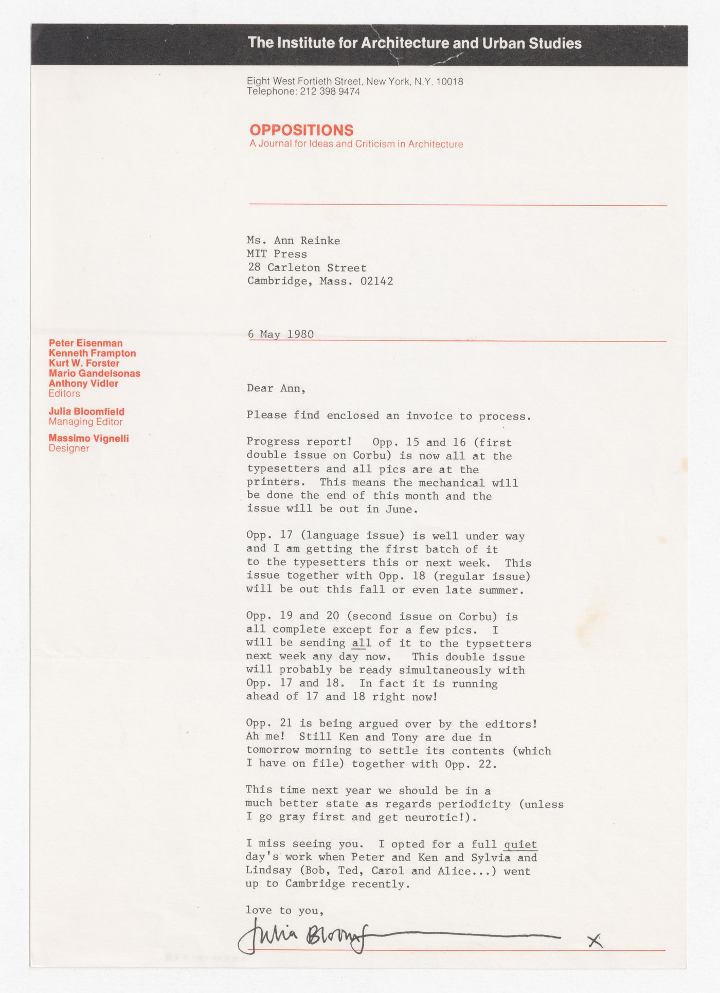 Letter from Julia Bloomfield to Ann Reinke about progress on Oppositions Journal issues 15, 16, 17, 18, 19, 20, 21, and 22