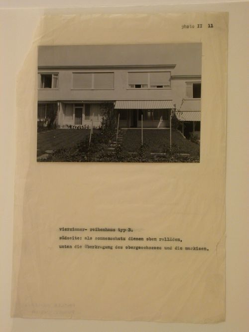 View of the south façade of Type B row houses showing awnings and window shades, Werkbundsiedlung Neubühl, Zurich, Switzerland