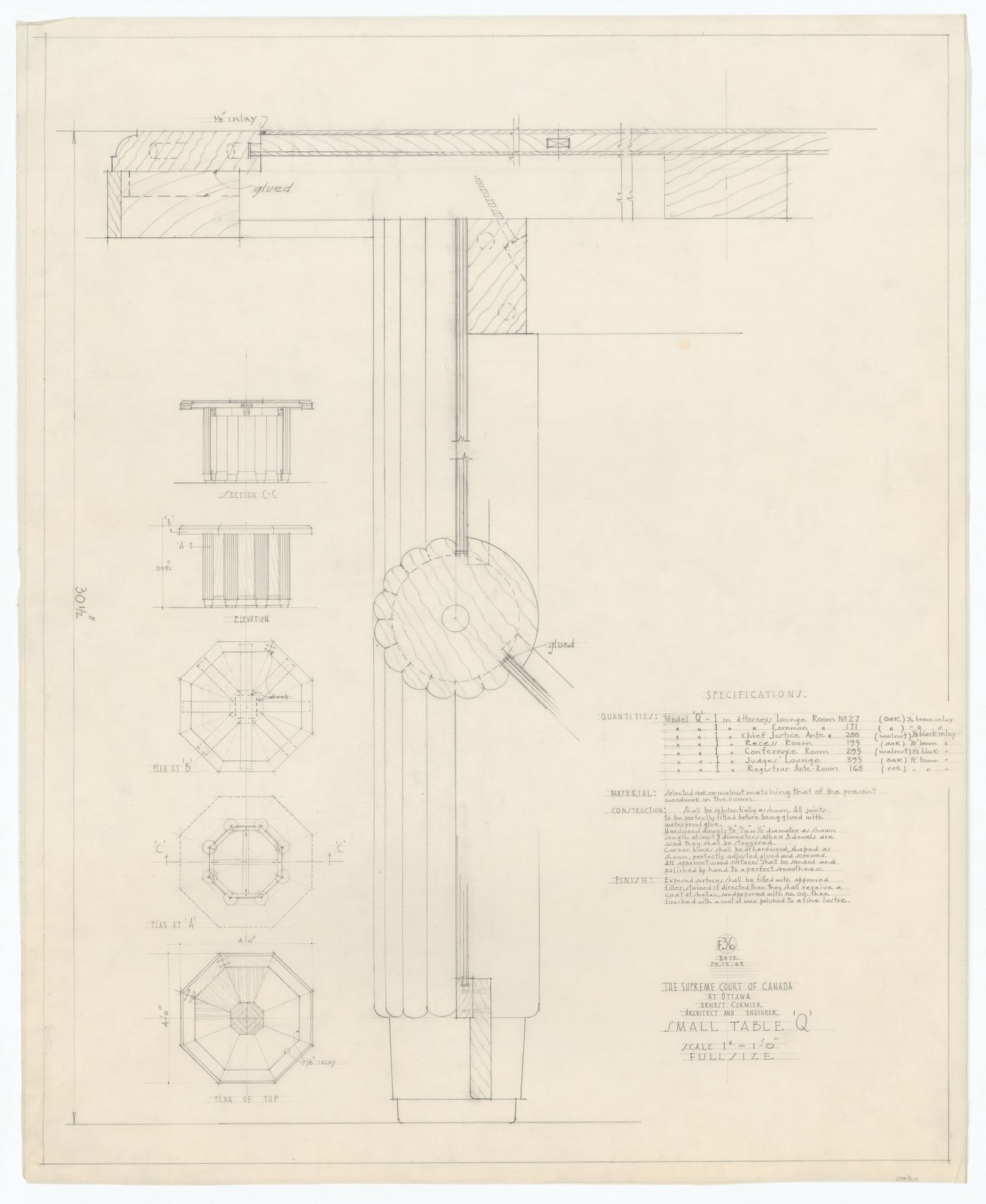 Plans, élévation et coupes de la petite table "Q" pour Cour suprême du Canada, Ottawa, Ontario