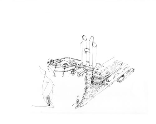 Perspective sketches of gateway building and new harbour, Master Plan for New Port City of Nansha, China