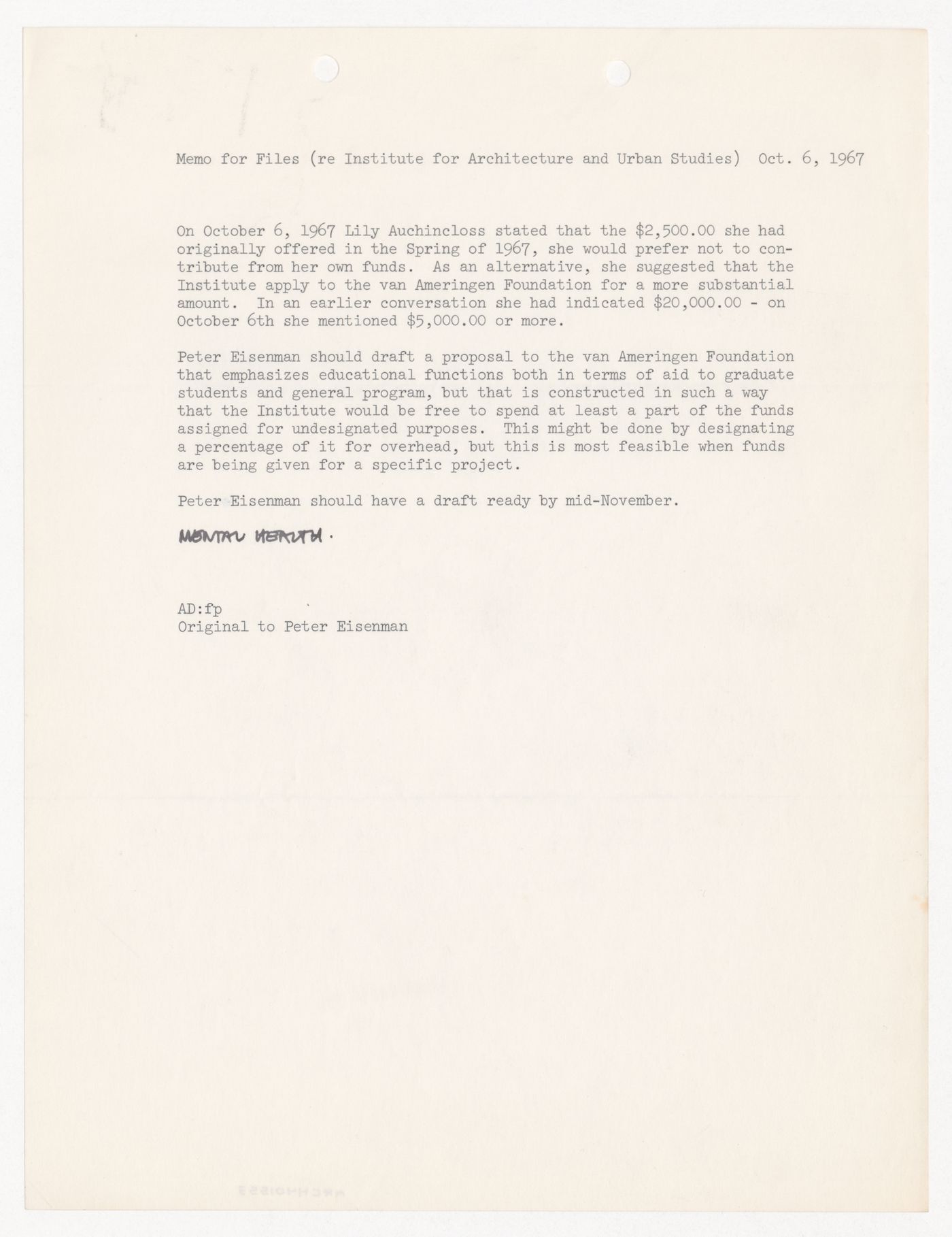 Memorandum for files about financial support from Mrs. David Auchincloss and the van Ameringen Foundation