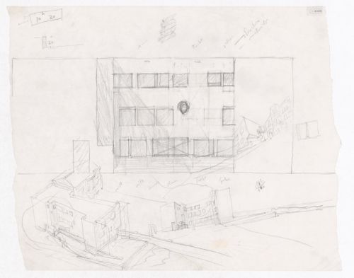 Sketch elevation, perspectives and axonometric view for Kita, Blocke 121, Berlin, Germany