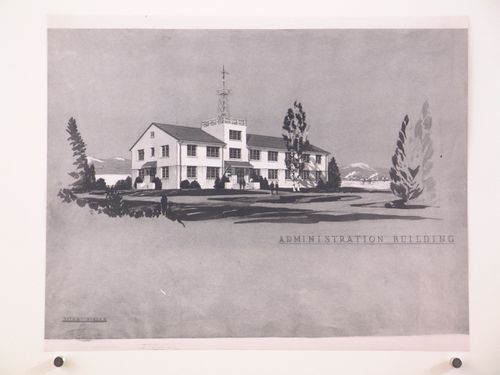 Photograph of a perspective drawing for or of the Administration Building, United States Naval Air Base, Sitka, Alaska