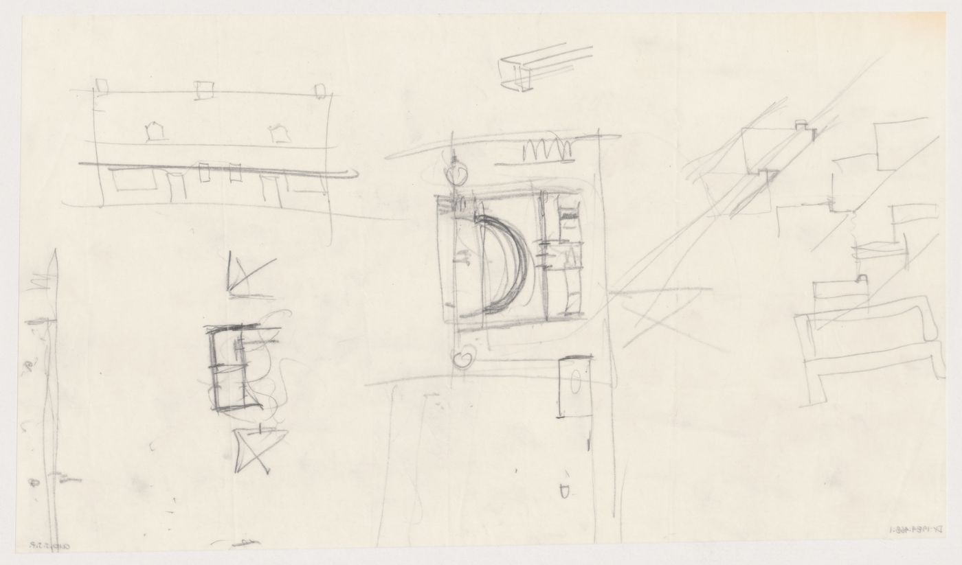 Sketch elevation, sketch plan, and sketch perspectives for a house [?] or housing [?], Netherlands