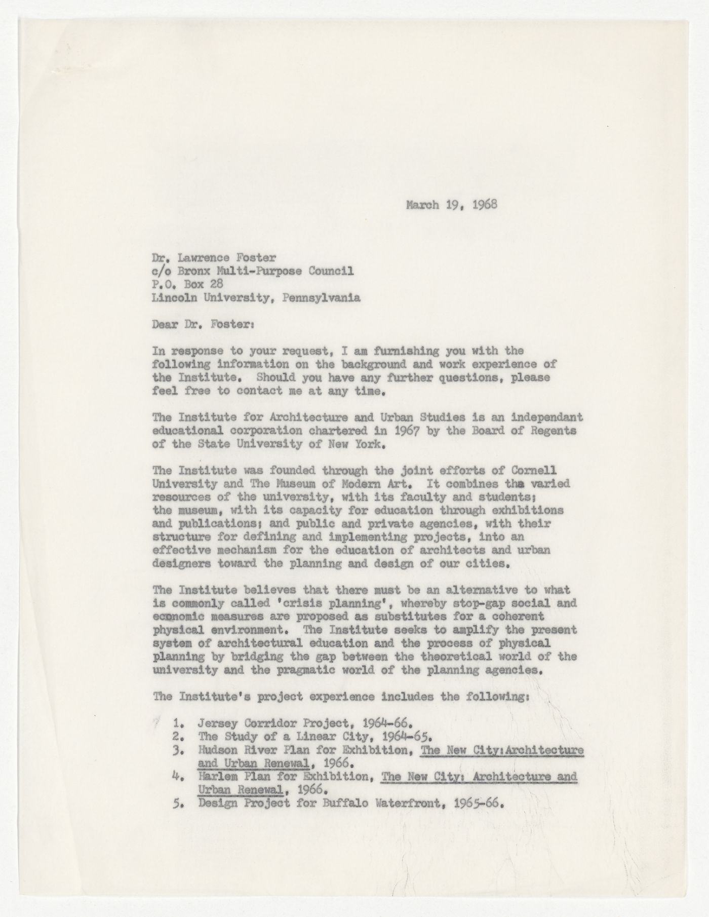 Letter from Peter D. Eisenman to Lawrence Foster about the background and work experience of IAUS