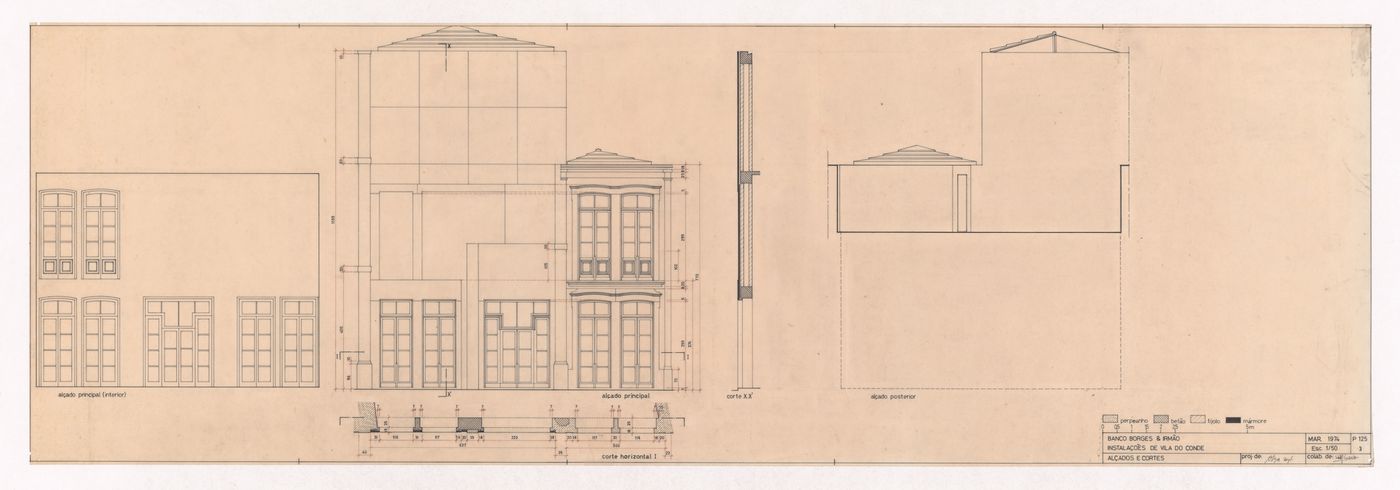 Elevations and wall sections for Borges & Irmão bank, Vila do Conde, Portugal