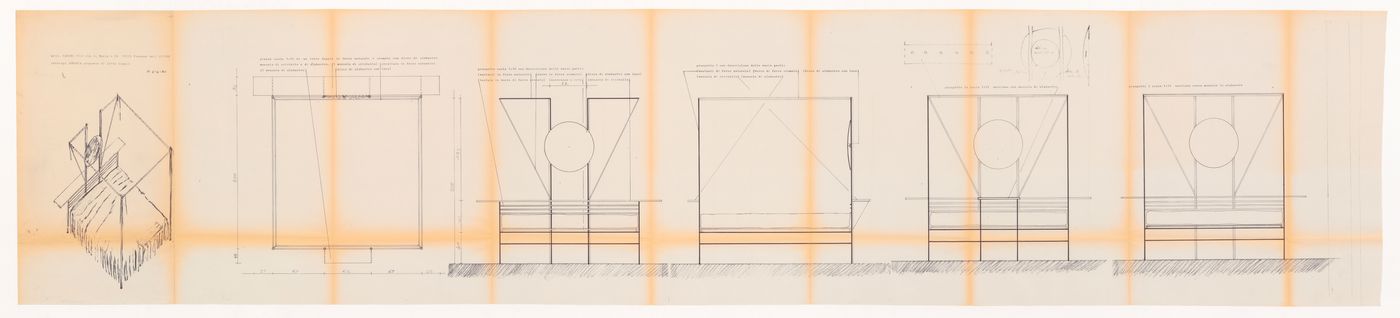 Axonometric, plan, and elevations for Bed project Il carro di giove [Jupiter's chariot]