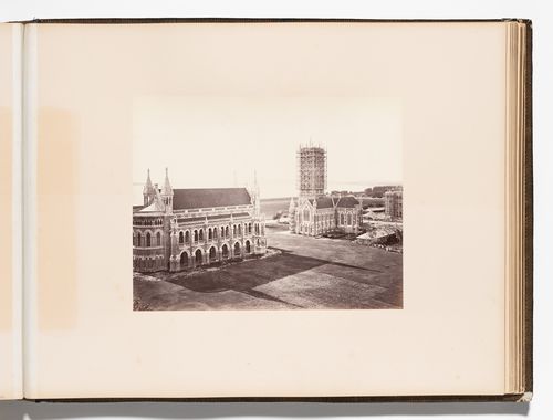 View of the Convocation Hall (also known as the University or Senate Hall) and the Library with the Rajabai Tower under construction, Bombay University (now Mumbai University), Mayo Road (now Bhaurao Patil Marg), Bombay (now Mumbai), India