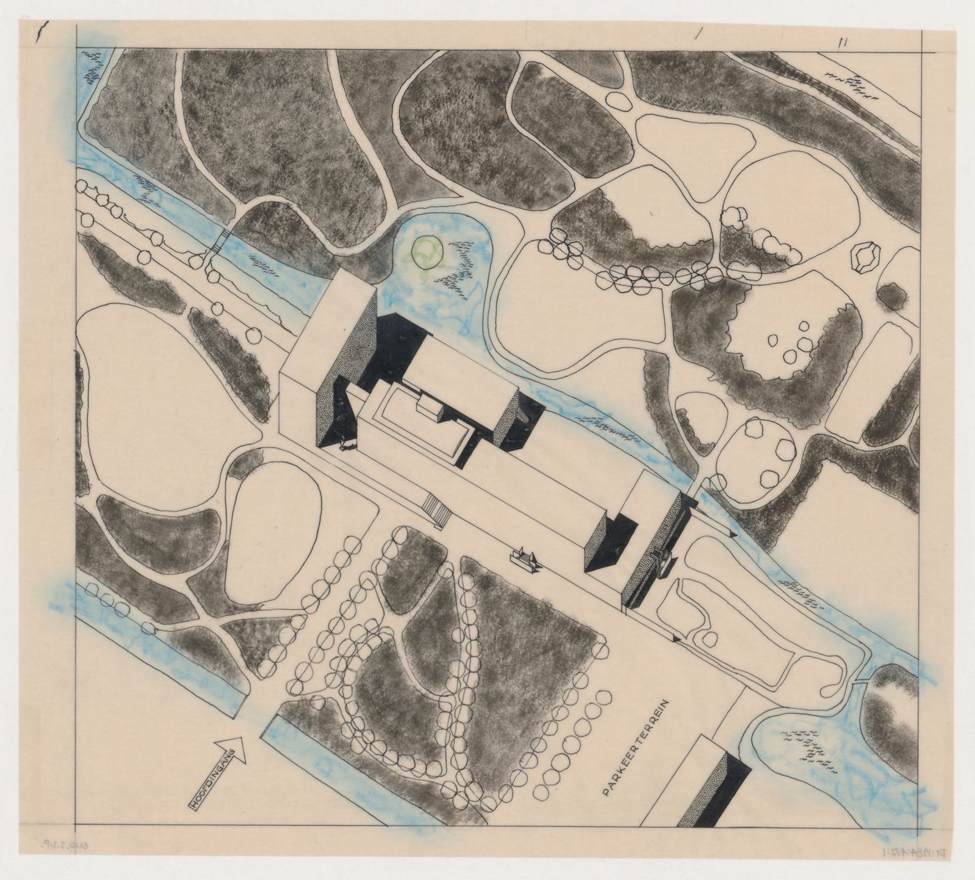 Bird's-eye axonometric for the Netherlands Reform Church and parish house [?], The Hague, Netherlands