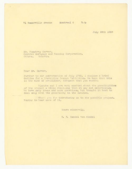 Letter from H. P. Daniel van Ginkel to Humphrey Carver with attached outline proposition for a travelling design exhibition for CMHC Exhibition