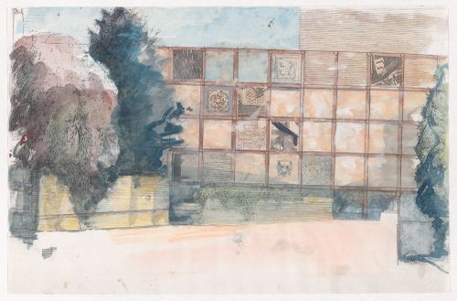 Watercolour sketch showing elevation of “Monument to Construction Workers” for Cloud Park, formerly Bay Adelaide, Toronto