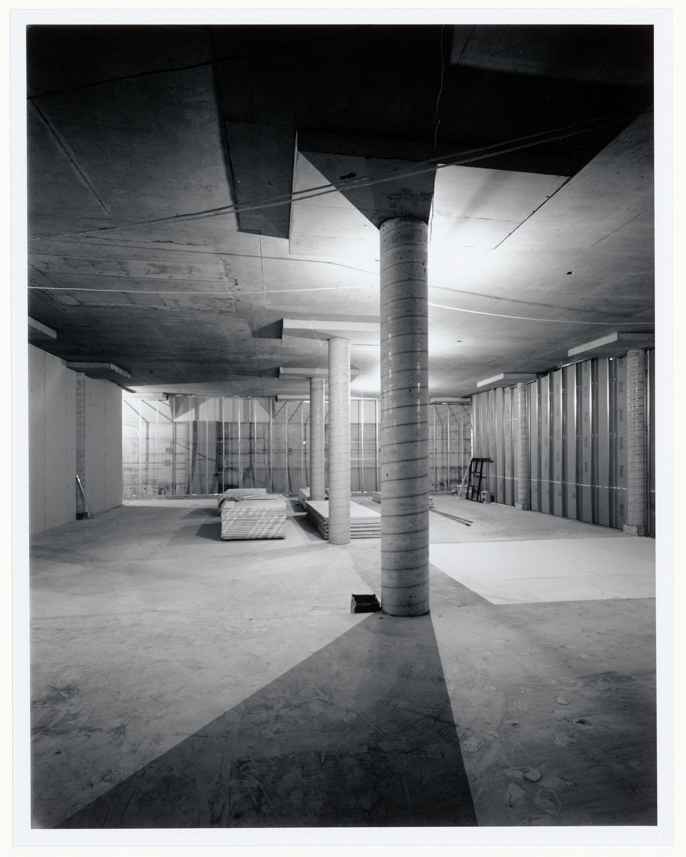 Interior view of the Photographs Collection storage vault on level 2 showing columns, Canadian Centre for Architecture under construction, Montréal, Québec