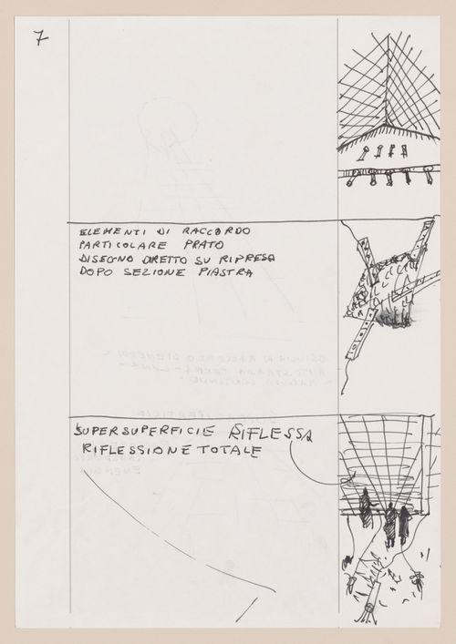 Page 6 of a storyboard describing filming locations and planning sketches of various scenes for Supersuperficie [Supersurface]