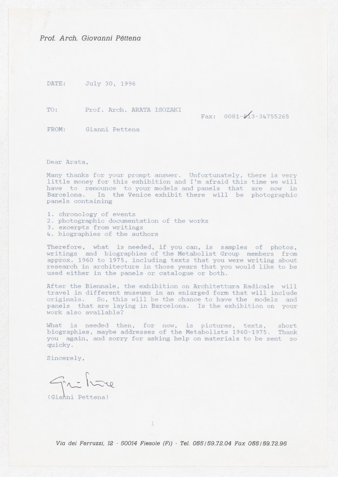 Correspondence to Arata Isozaki regarding the exhibition Radicals. Architecttura e Design 1960-1975