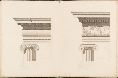 Elevations of two Ionic shafts, capitals, and entablatures after Palladio and Vignola, with plan and section details of the shafts and capitals