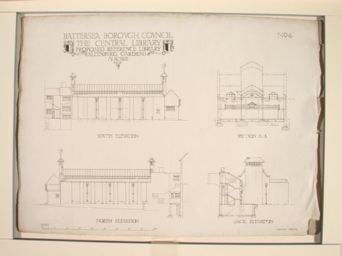 North, south, and back elevations, with section AA for the proposed reference library, Battersea Borough