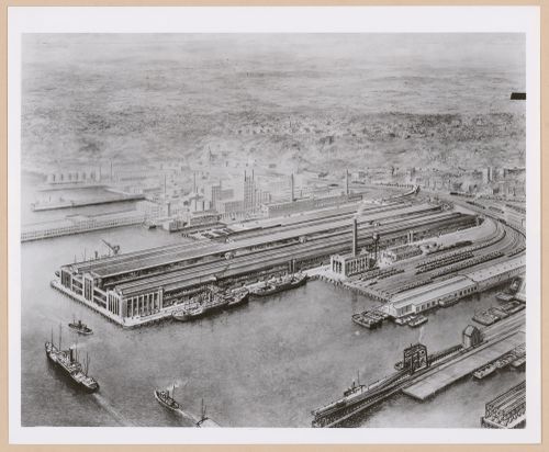 Photograph of a bird's-eye perspective drawing for or of the Automobile Assembly Plant, Ford Motor Company, Edgewater, New Jersey