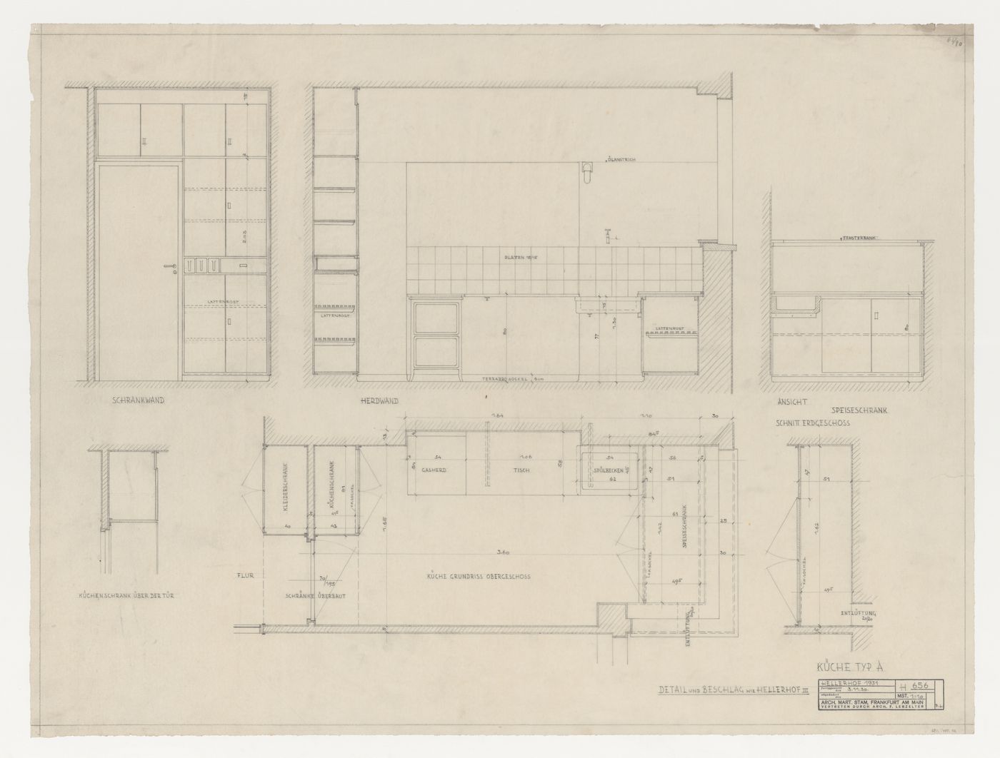 Plan, elevations, and sections for a type A kitchen for a housing unit, Hellerhof Housing Estate, Frankfurt am Main, Germany