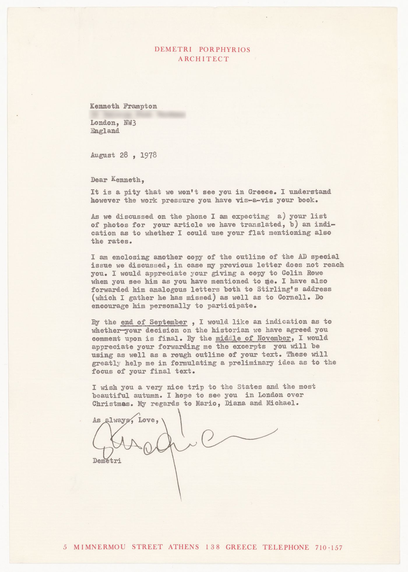 Letter from Demetri Porphyrios to Kenneth Frampton with a copy of the outline of Architectural Design special issue on the methodology of architectural history