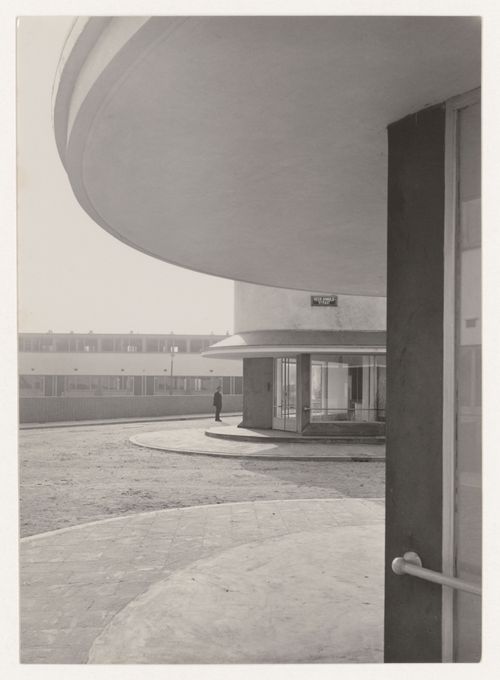 View of the principal façade of Kiefhoek Housing Estate showing a corner store, Rotterdam, Netherlands