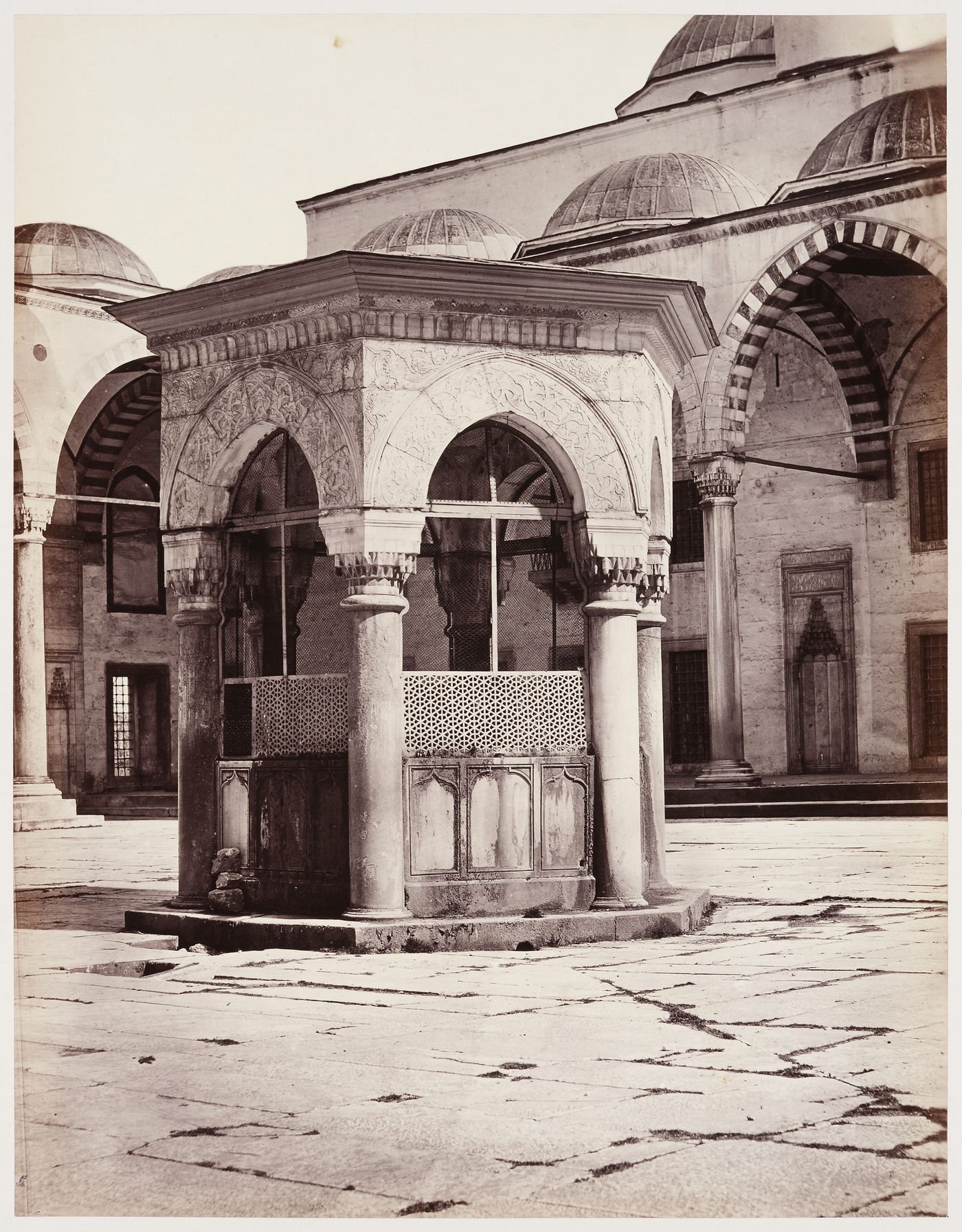 View of the fountain in the courtyard, Sultanahmet Camii (also known as the Blue Mosque), Constantinople (now Istanbul), Ottoman Empire (now in Turkey)