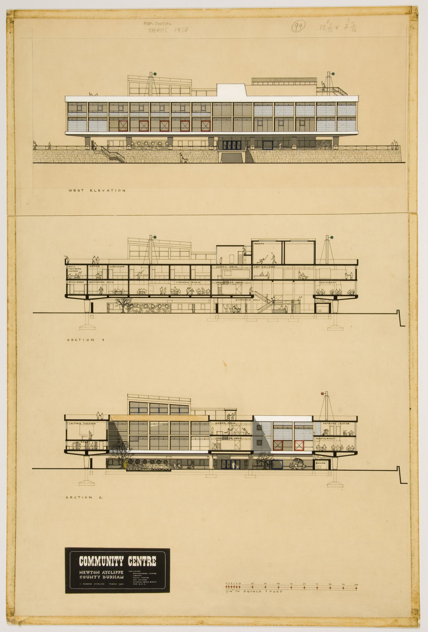 Town centre and community centre, Newton Aycliffe, England (thesis, Liverpool School of Architecture): elevation and sections