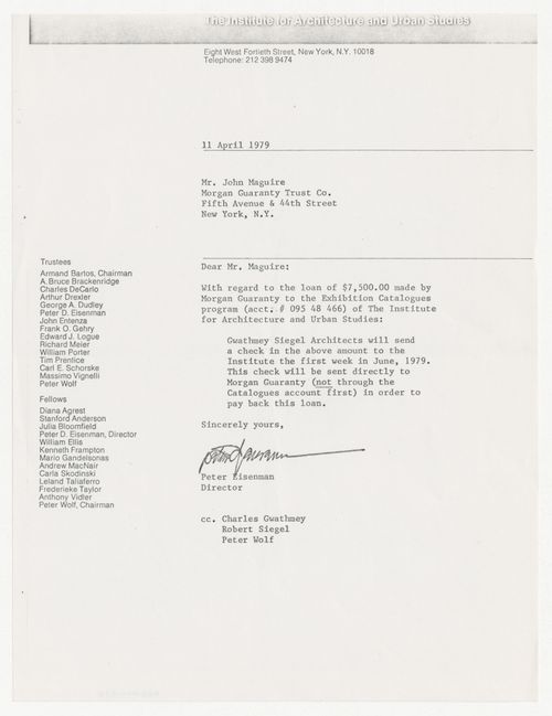 Letter from Peter D. Eisenman to John Maguire about repayment of loan to the Exhibition Catalogues program