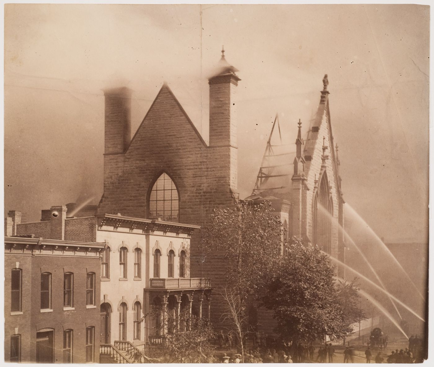 View of unidentified church on fire, Chicago, Illinois