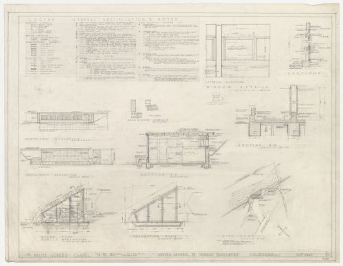 Wayfarers' Chapel, Palos Verdes, California: Elevations, sections, details, and foundation, ground and site plans for the rest rooms, with construction specifications and sash and door schedule