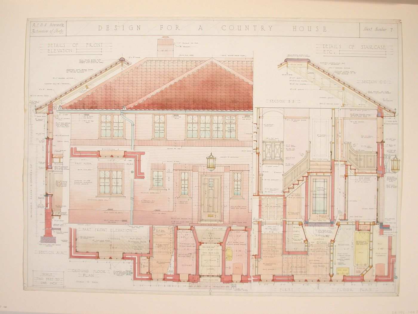Testimony of study drawing showing details of the plan, elevation and section of a design for a country house