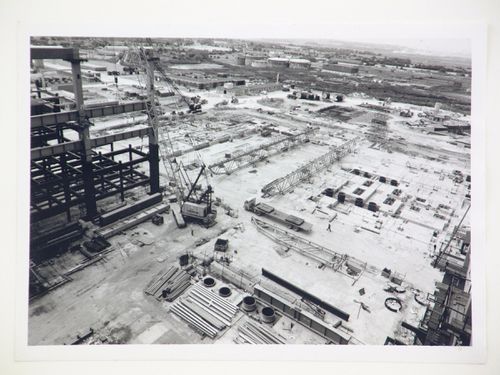 View of construction site for power station, from above, United Kingdom