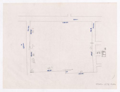 Sketch of plot showing plot measurements for Minimum Cost Housing Group's plot in Aranya township, India, for Aranya Housing Project