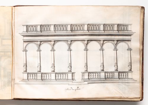 Design for a gallery with baluster columns decorated with festoons