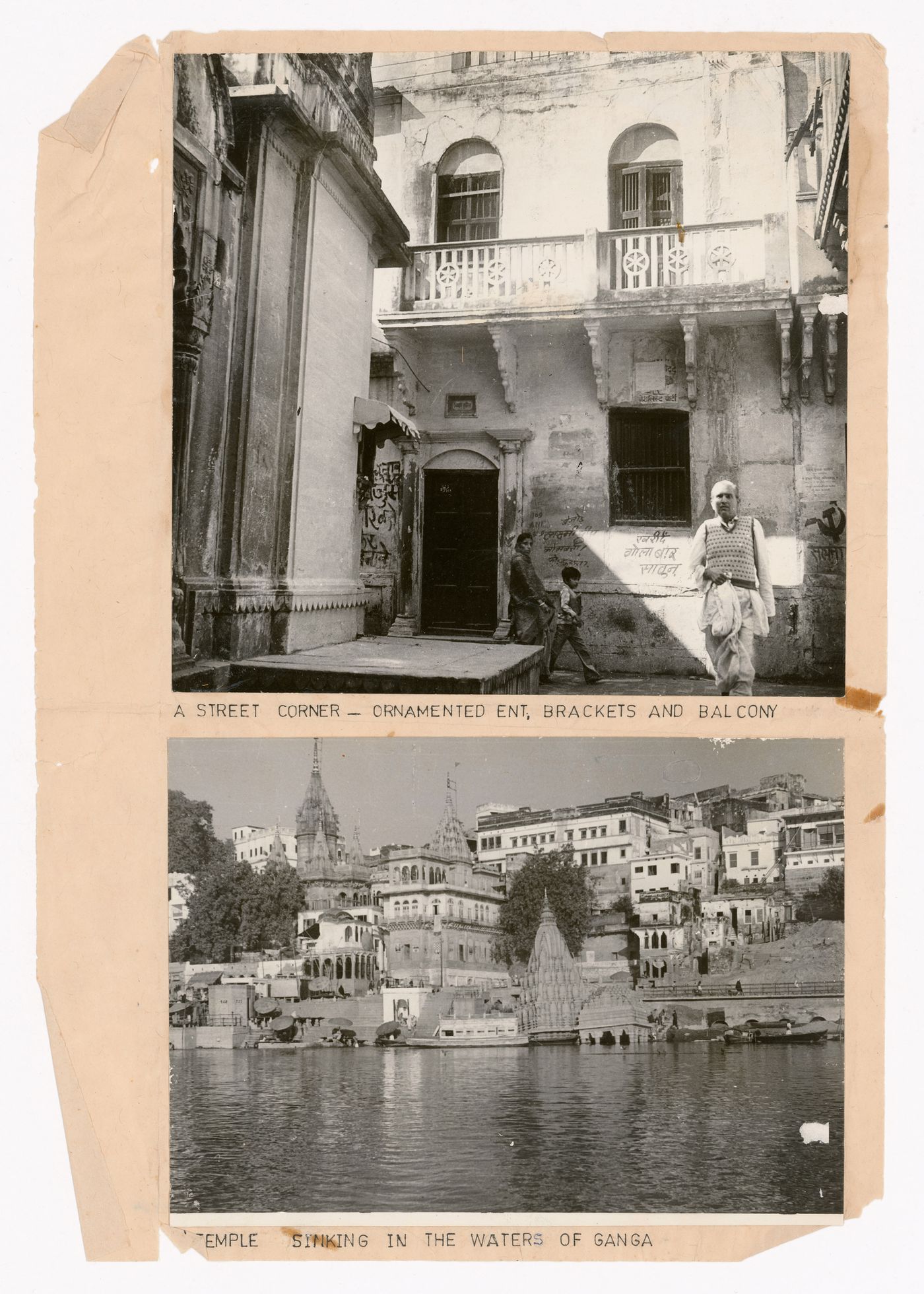 Photographs of Indian temple sinking in the Ganges (Ganga) river and cityscape
