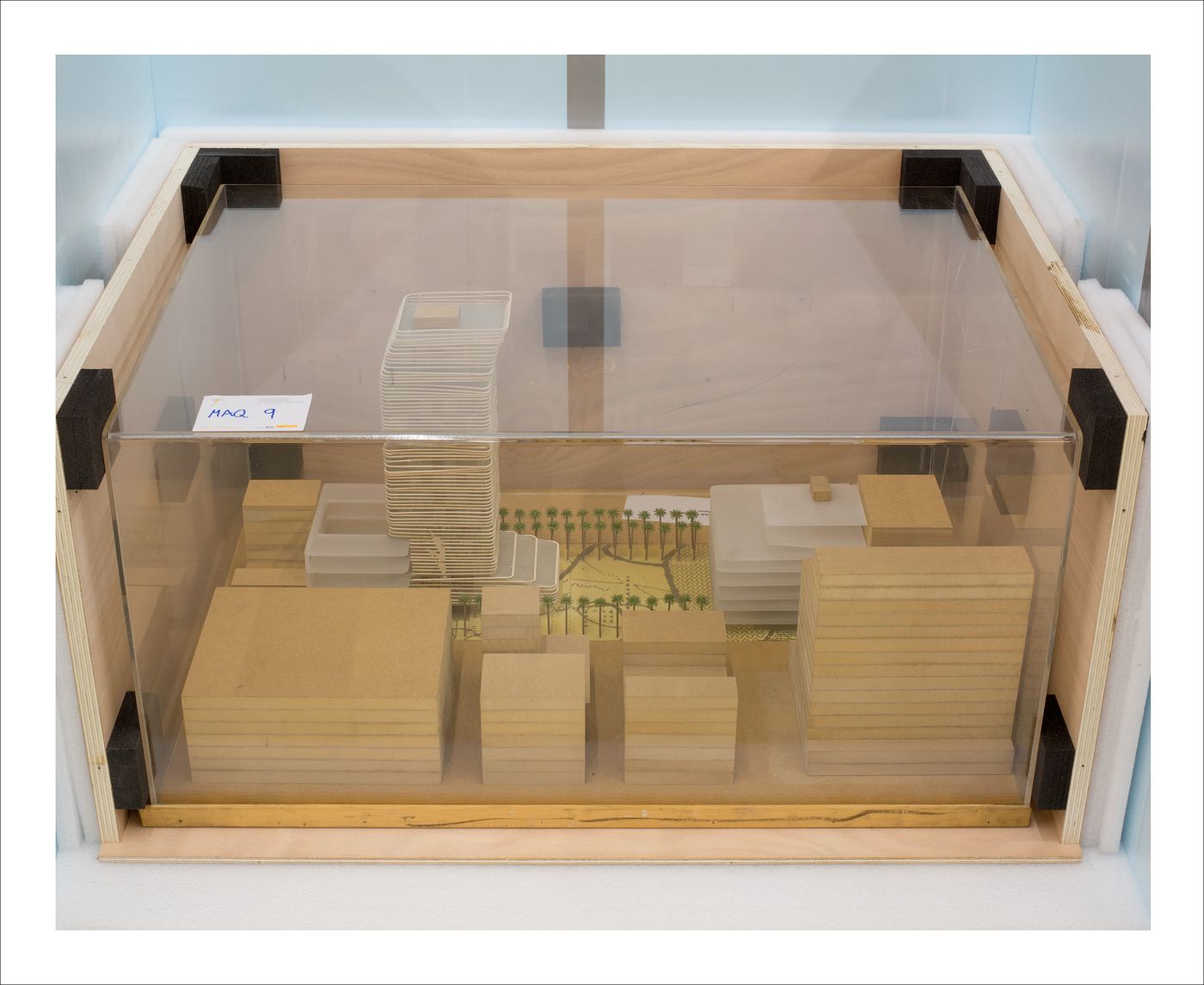 Proofs of Relevance: View of a model in a crate showing Woermann Public Square and Building, Abalos & Herreros (2001), Las Palmas de Gran Canaria, Spain