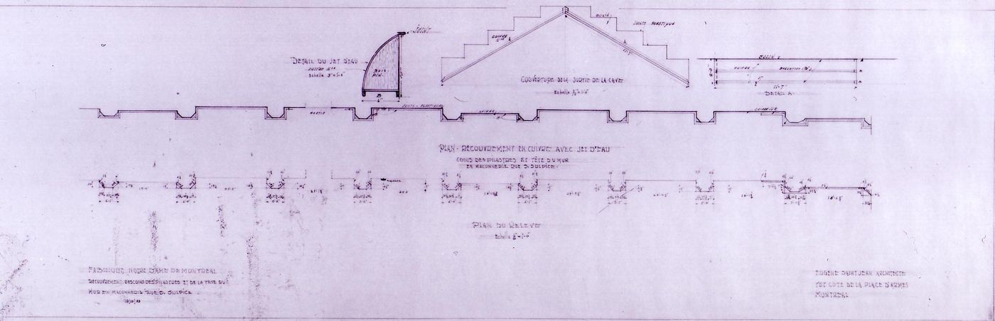 Plans and elevations for copper siding for a stone wall and basement entrance for Notre-Dame de Montréal, apparently for the renovations of 1929-1949, rue Saint-Sulpice
