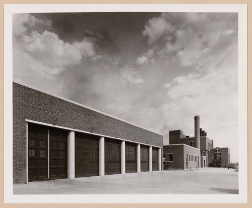 View of the principal façade of the Truck Garage with the Boiler House in the background, Curtiss-Wright Corporation Airplane division Assembly Plant, Louisville, Kentucky