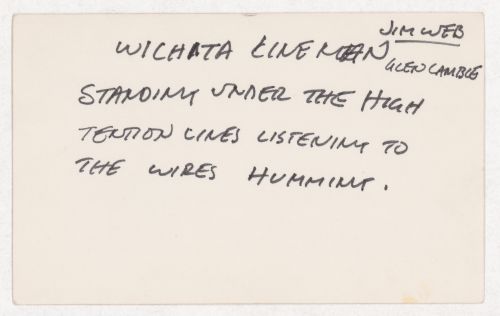 Wichita line man Jim Web Glen Camble standing under the high tension lines listening to the wires humming