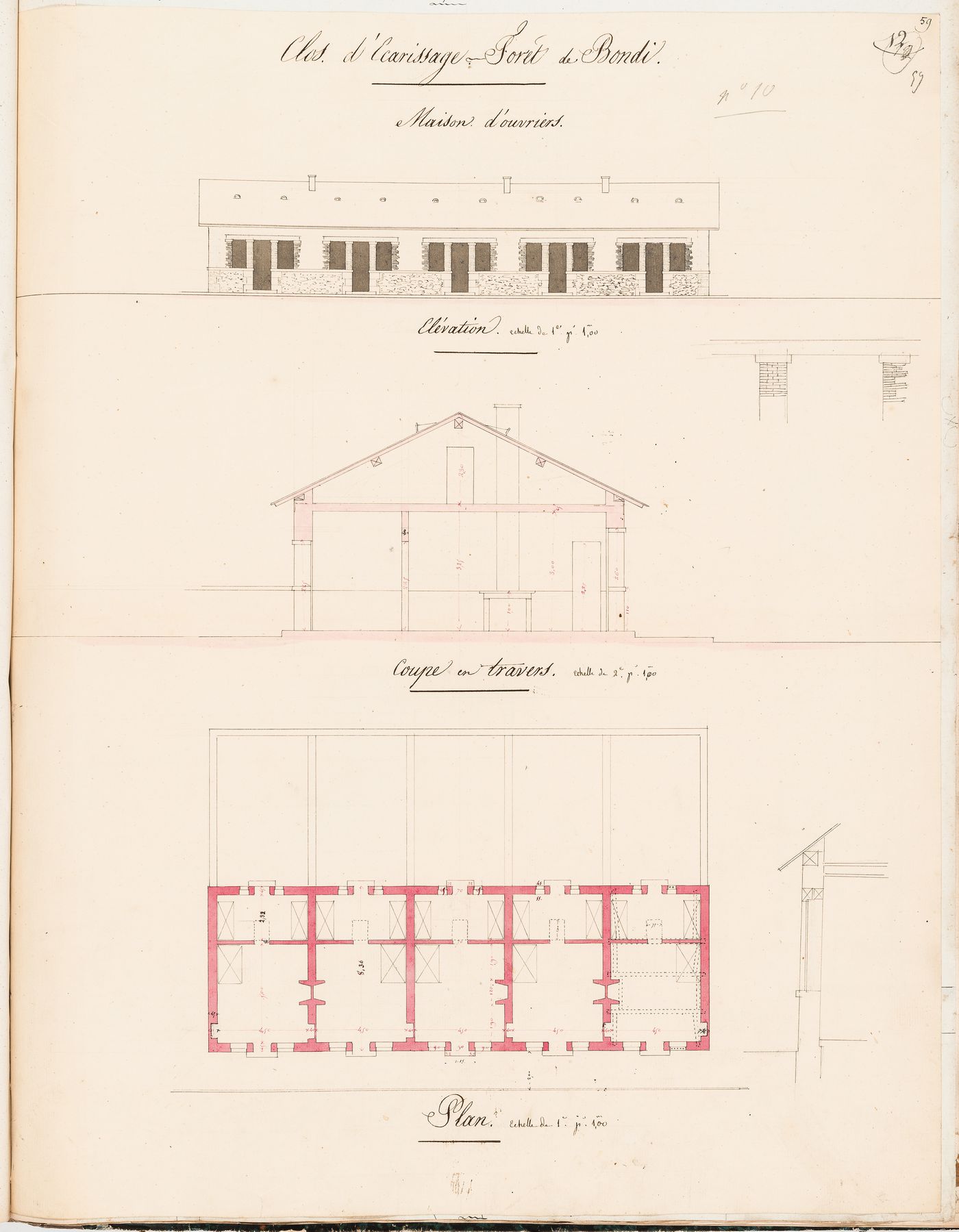 Project for Clos d'équarrissage, fôret de Bondy: Plan, elevation, and section for workers' housing