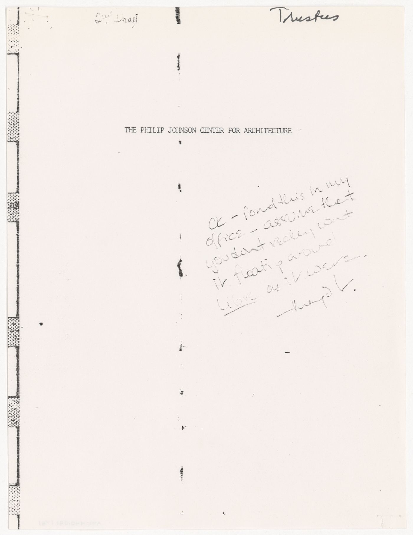 Report about the Philip Johnson Center for Architecture with handwritten note on cover