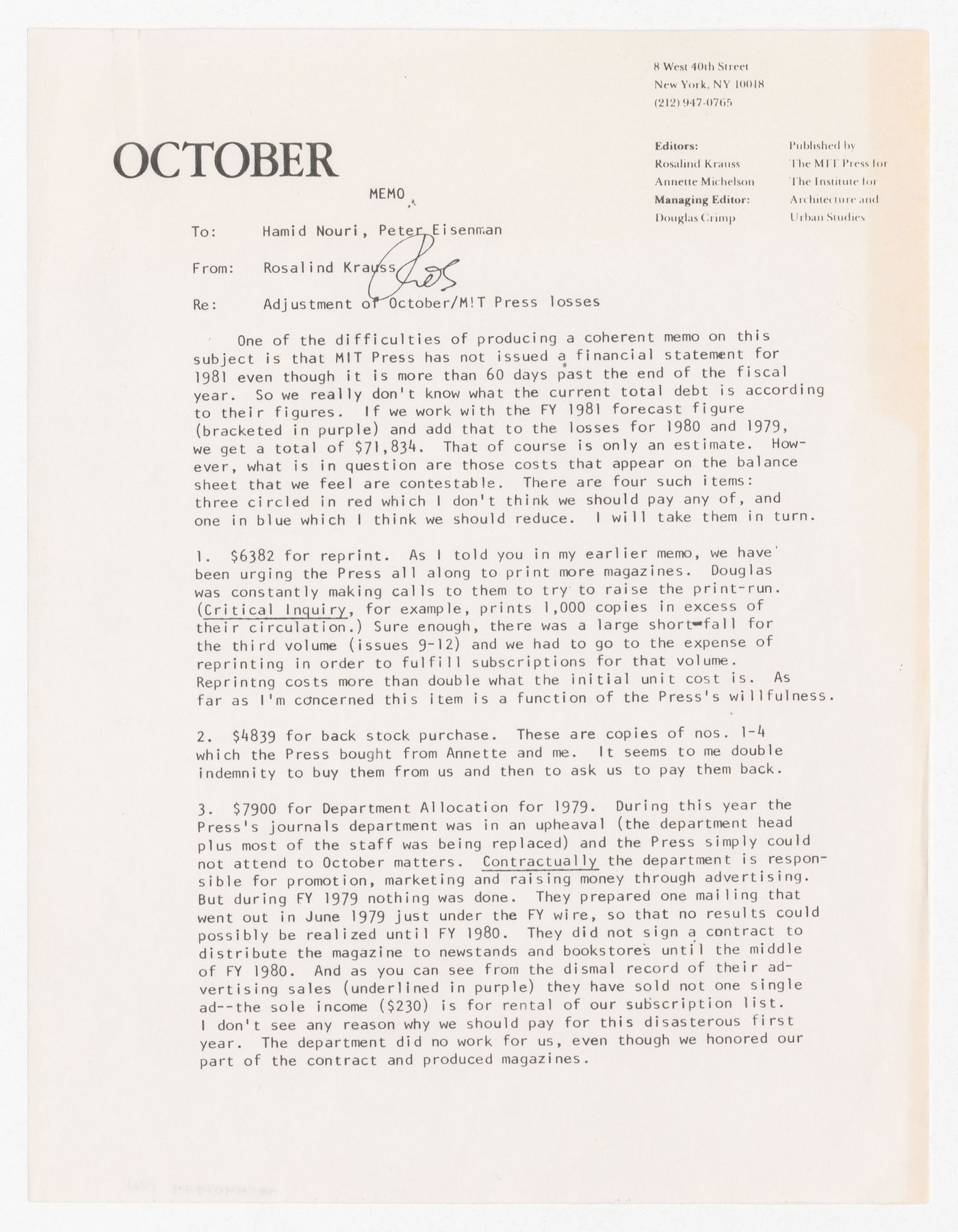 Memorandum from Rosalind Krauss to Peter D. Eisenman and Hamid R. Nouri about adjustment of October losses