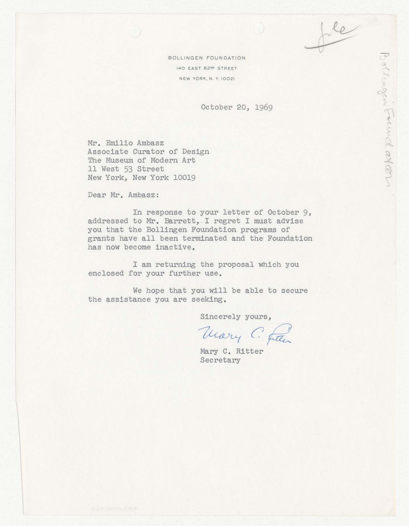 Letter from Mary C. Ritter to Emilio Ambasz responding to proposal for Institutions for a Post-Technological Society conference