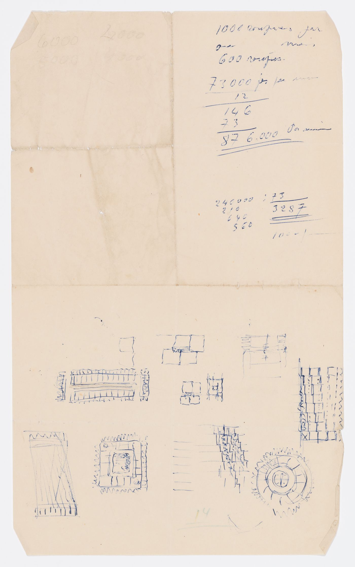 Sketches for dwellings and building possibly in Chandigarh, India
