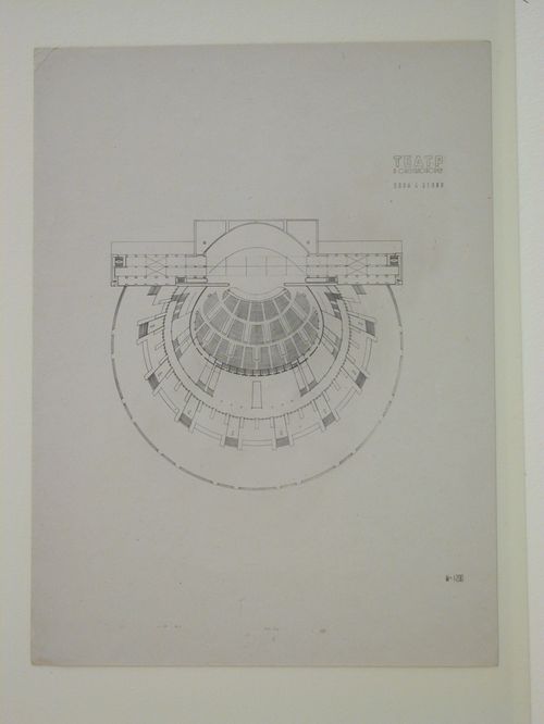 Photograph of a fourth floor plan for the final round of competition for a "synthetic theater" in Sverdlovsk, Soviet Union (now Ekaterinburg, Russia)