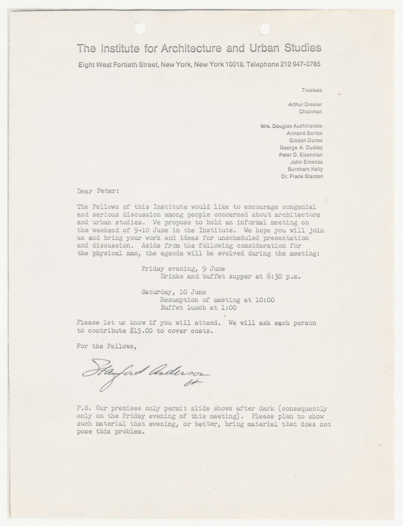 Memorandum from Stanford Anderson to Peter D. Eisenman about an informal meeting of the Fellows