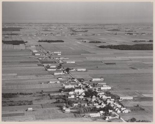 To south-west of Montreal, strip farming extending from small village, Quebec