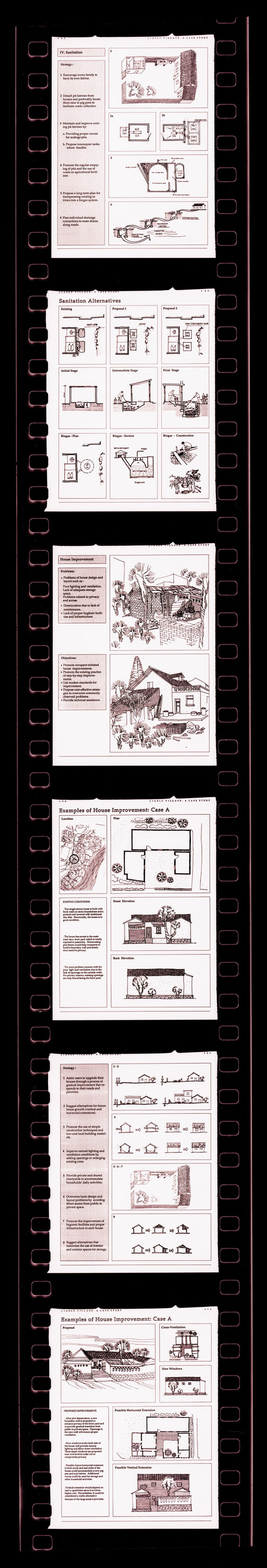 Negative strip of illustrations for the publication "Housing a Billion: Village Upgrading: Jianlu, China" publication